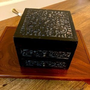 Vintage Hand Carved Wood Box Drawer Vanity Mirror